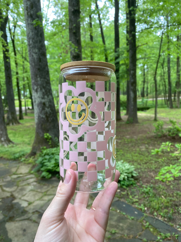 Checkered Smiley Glass Tumbler