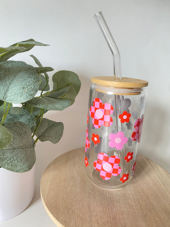 Checkered Floral Glass Tumbler